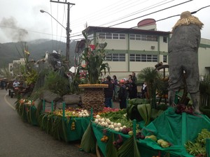 Desfile de máquinas agrícolas enfeitadas com hortaliças, frutas e verduras na manhã deste domingo (Foto: Thomas Braga/RBS TV)