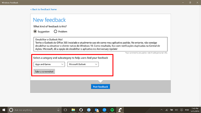 Windows Feedback tem categorias de reclamações e espaço para prints (Foto: Reprodução/Elson de Souza)