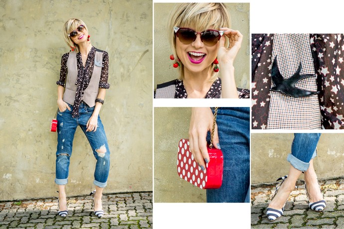 Look vencedor tem jeans rasgado, estrelas, colete, broche de passáro, bolsa com poás, brincos de frutinhas <3 (Foto: Fabiano Battaglin / Gshow)