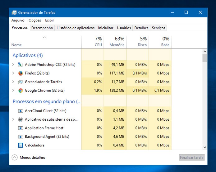 O Gerenciador de tarefas do Windows ajuda a verificar como anda consumo de memória do seu PC (Foto: Reprodução)