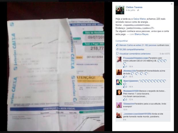 Cleiton postou ação em rede social para encontrar dona da conta (Foto: Reprodução/Facebook)