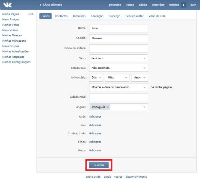 Completando o perfil no VK (Foto: Reprodução/Lívia Dâmaso)