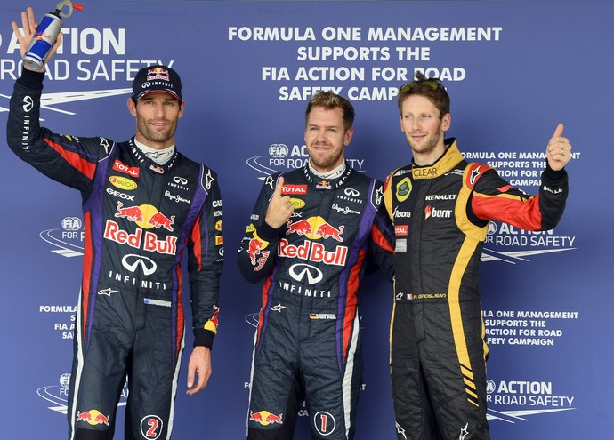 Sebastian Vettel, Mark Webber e Romain Grosjean, os três primeiros no grid do GP dos EUA (Foto: EFE)