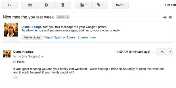 Exemplo de mensagem no Gmail enviada por usuário do Google+ (Foto: Divulgação/Google)