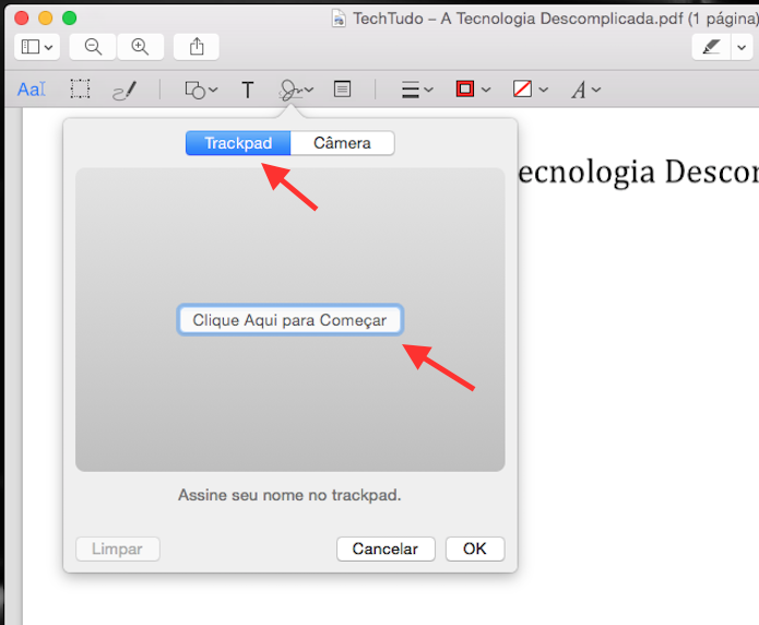Acessando a ferramenta de assinatura do trackpad no Macbook (Foto: Reprodução/Marvin Costa)