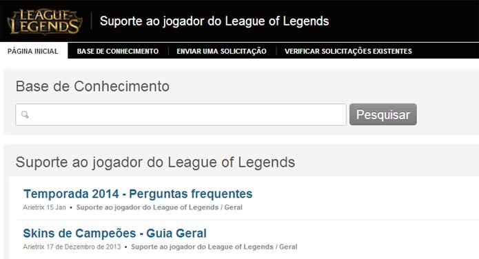 Página inicial de suporte do League of Legends (Foto: Reprodução)