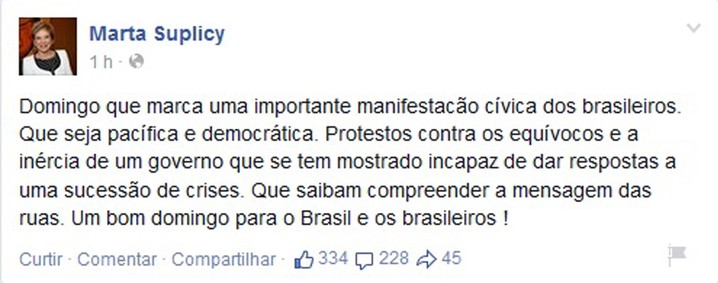 No Facebook, a senadora Marta Suplicy defende os protestos contra Dilma e critica o governo federal