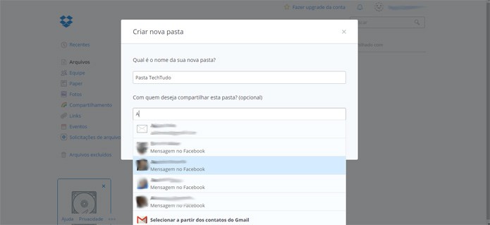 É possível compartilhar uma pasta do Dropbox com contatos do Gmail ou Facebook (Reprodução)