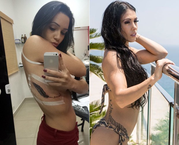Gabrielle Cardoso fez tattoo parecida com a de Bella Falconi: 'Coincidência' (Foto: Arquivo Pessoal e Inácio Moraes / Gshow)