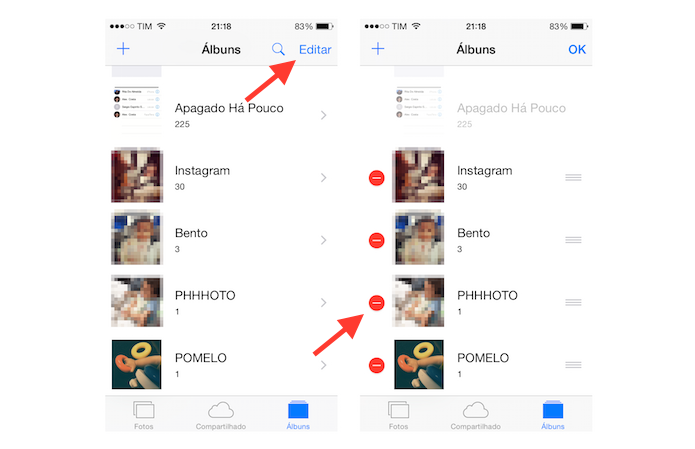 Acessando a ferramenta de edição de álbuns de fotos do iOS para apagar álbuns criador por aplicativos de câmera (Foto: Reprodução/Marvin Costa)