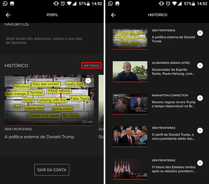 Globosat Play possui histórico completo de programas assistidos no Android e iOS (Foto: Reprodução/Elson de Souza)