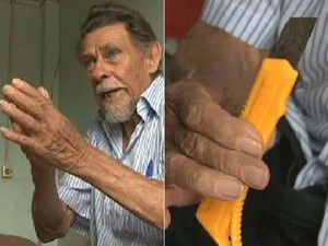 À èsquerda, o aposentado Orlando Vaz; à direita, o estilete que ele usou para se cortar (Foto: Reprodução/RPCTV) À èsquerda, o aposentado Orlando Vaz; à direita, o estilete que ele usou para se cortar (Foto: Reprodução/RPCTV)