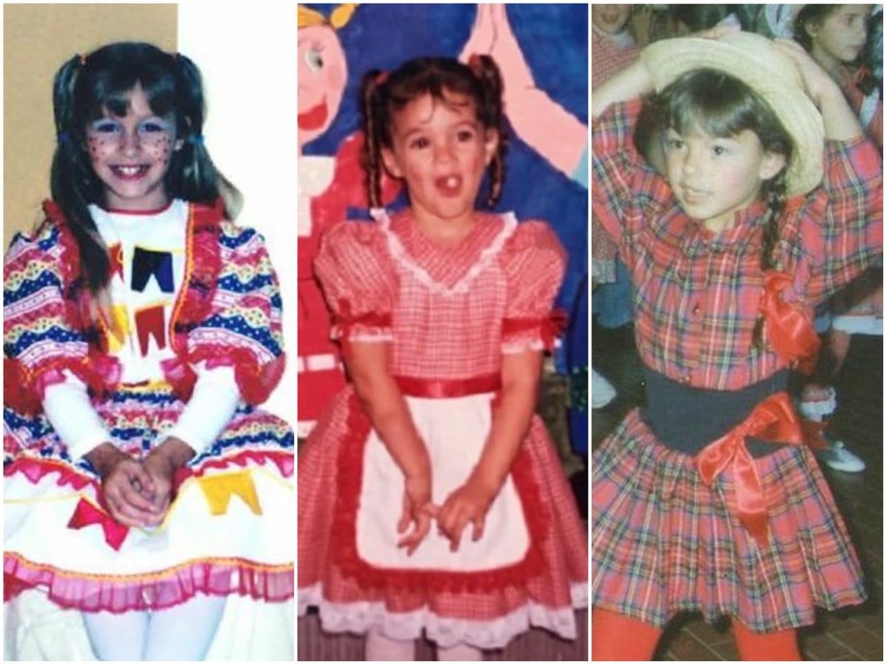 Carla Díaz, Bruna Marquezine e Isis Valverde com trajes juninos para arraiás na infância (Foto: Reprodução/Instagram)