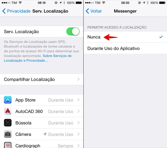 Desativando acesso do Facebook Messenger ao GPS (Foto: Reprodução/Helito Bijora) Desativando acesso do Facebook Messenger ao GPS (Foto: Reprodução/Helito Bijora)