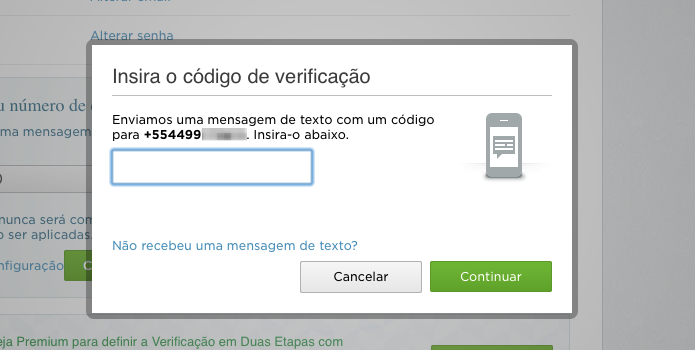 Entre com o código recebido no SMS (Foto: Reprodução/Helito Bijora)