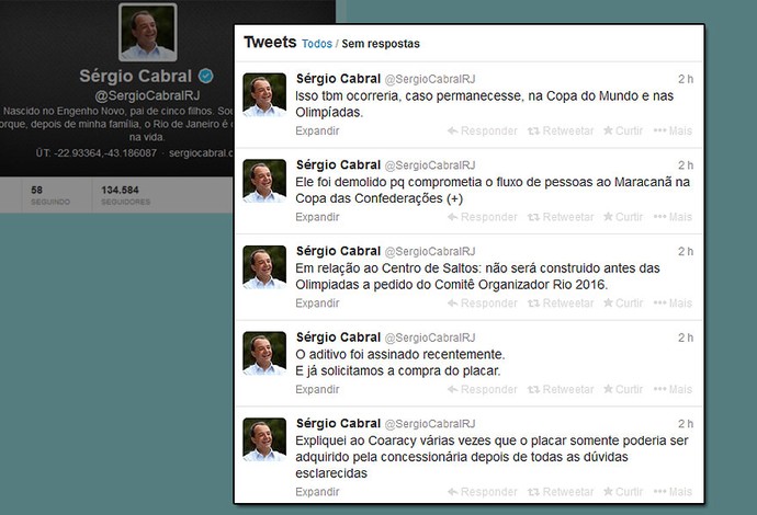 twitter Sergio Cabral Coaracy Nunes obras Olimpíadas (Foto: Reprodução / Twitter)