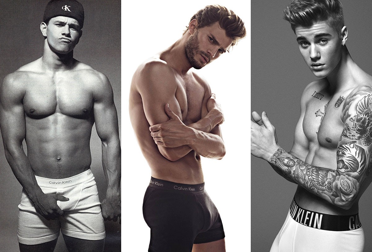 Mark Wahlberg, Jamie Dornan e Justin Bieber estão entre os famosos que já posaram para campanhas publicitárias de cuecas (Foto: Divulgação)