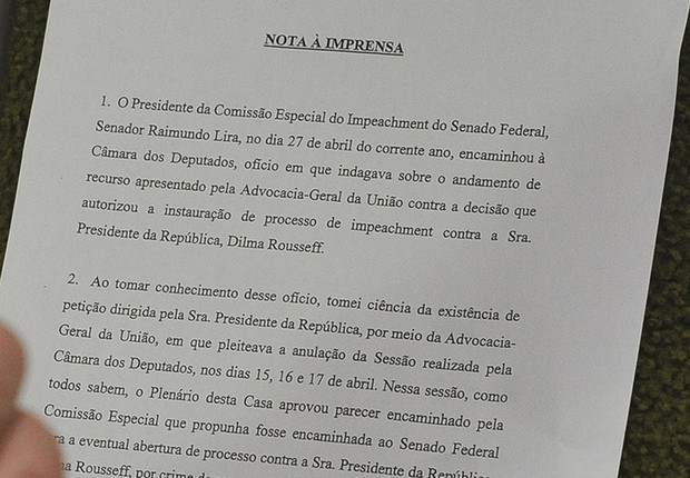 Nota a imprensa que fala sobre fala sobre a anulação da sessão de votação do impeachment da presidente Dilma Rousseff na Câmara dos Deputados (Foto: Alex Ferreira/Câmara dos Deputados)