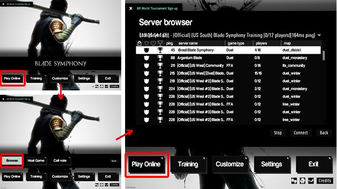 Na opção Play Online é possível acessar as várias salas comunais de Blade Symphony (Foto: Reprodução/Daniel Ribeiro)