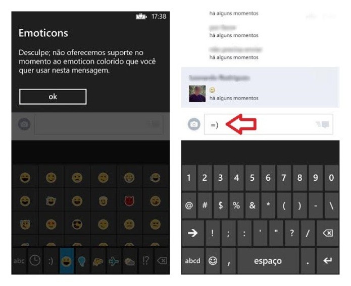 No Windows Phone, é preciso digitar caracteres para formar um emoticon (Foto: Reprodução/Lívia Dâmaso)