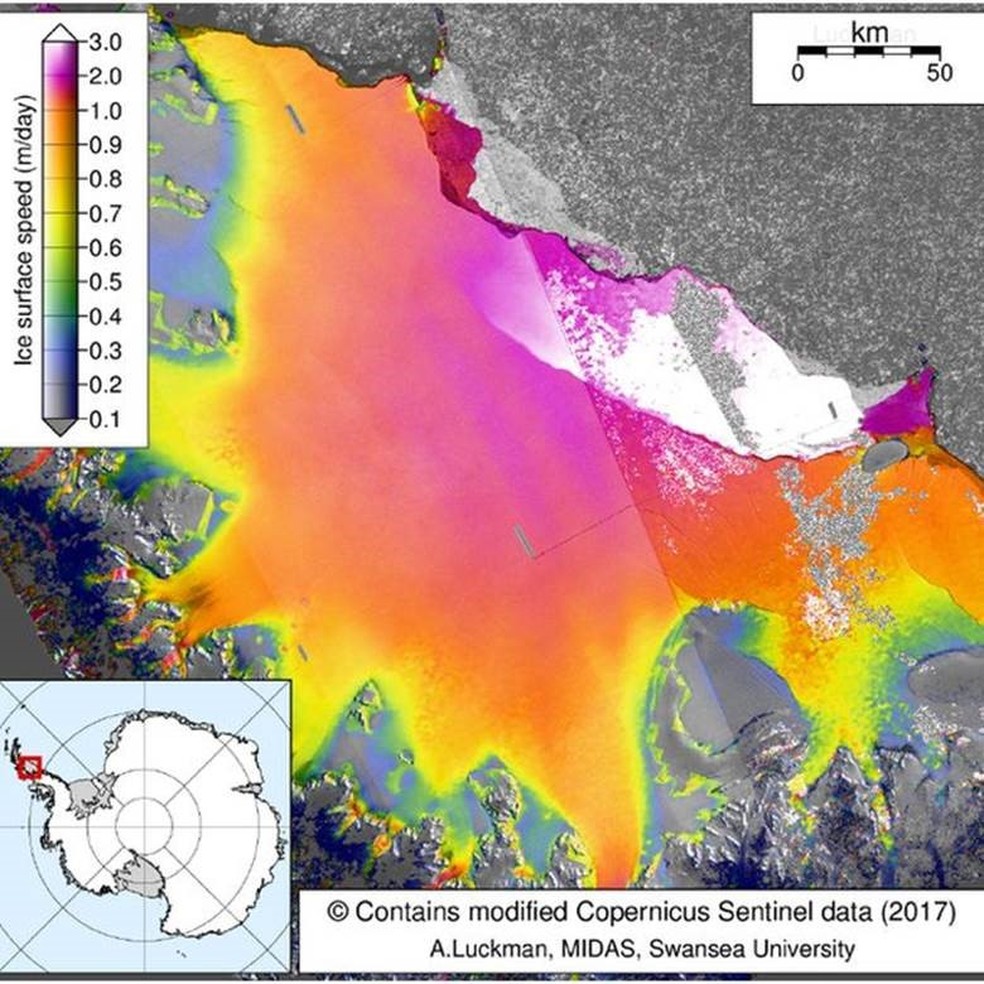  Imagens de radar mostram iminente descolamento de gigantesco iceberg (Foto: BBC)