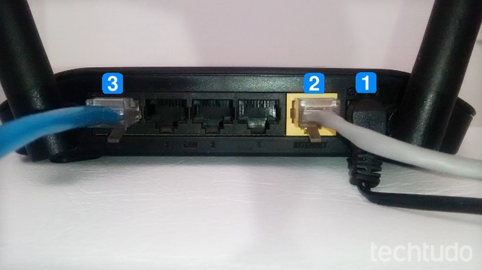 Traseira do roteador D-Link com cabos conectados (Foto: Raquel Feire/TechTudo)