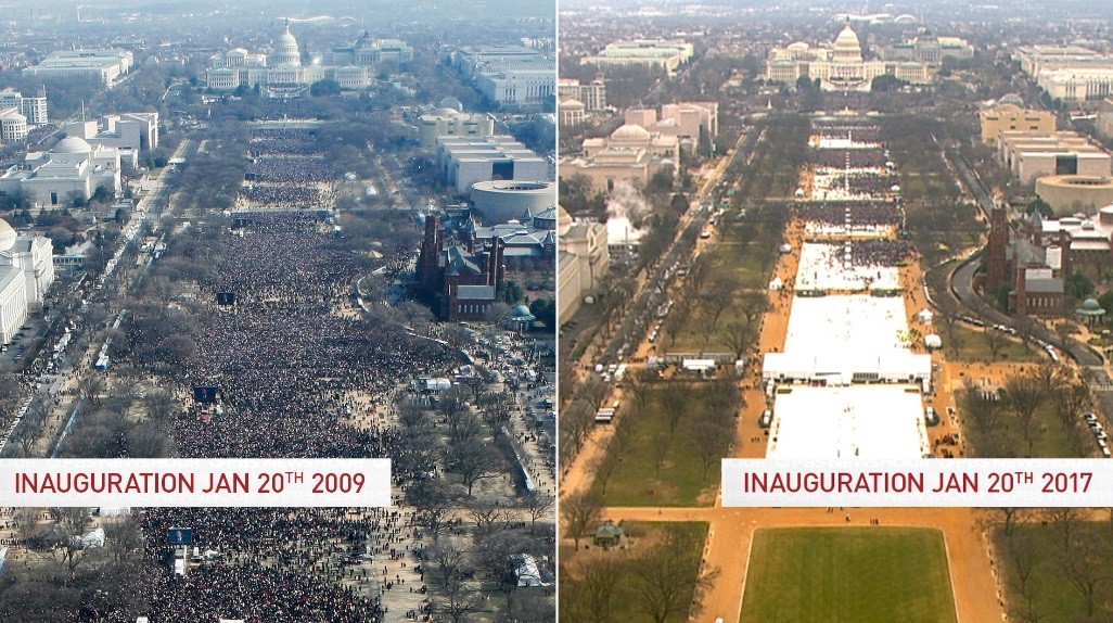 Imagem compara o National Mall nas posses de Obama e Trump