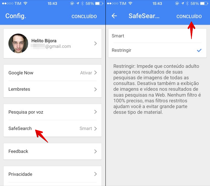 Ativando o filtro SafeSearch no aplicativo do Google para iOS (Foto: Reprodução/Helito Bijora)
