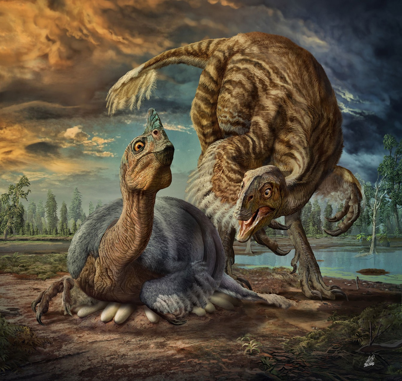  Ilustração mostra provável aparência de dinossauro gigante parecido com ave chamado Beibeilong sinensis  (Foto: Zhao Chuang (Ilustração))