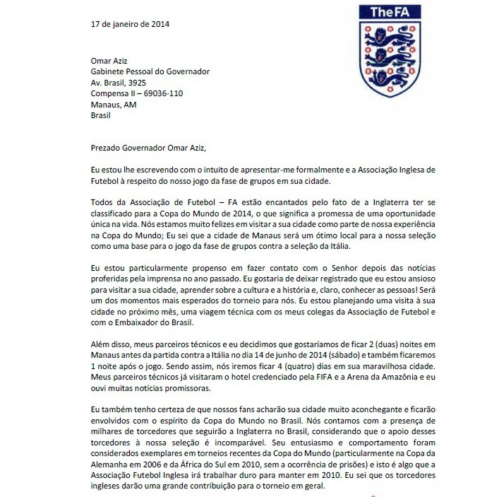 carta Roy Hodgson (Foto: Divulgação)