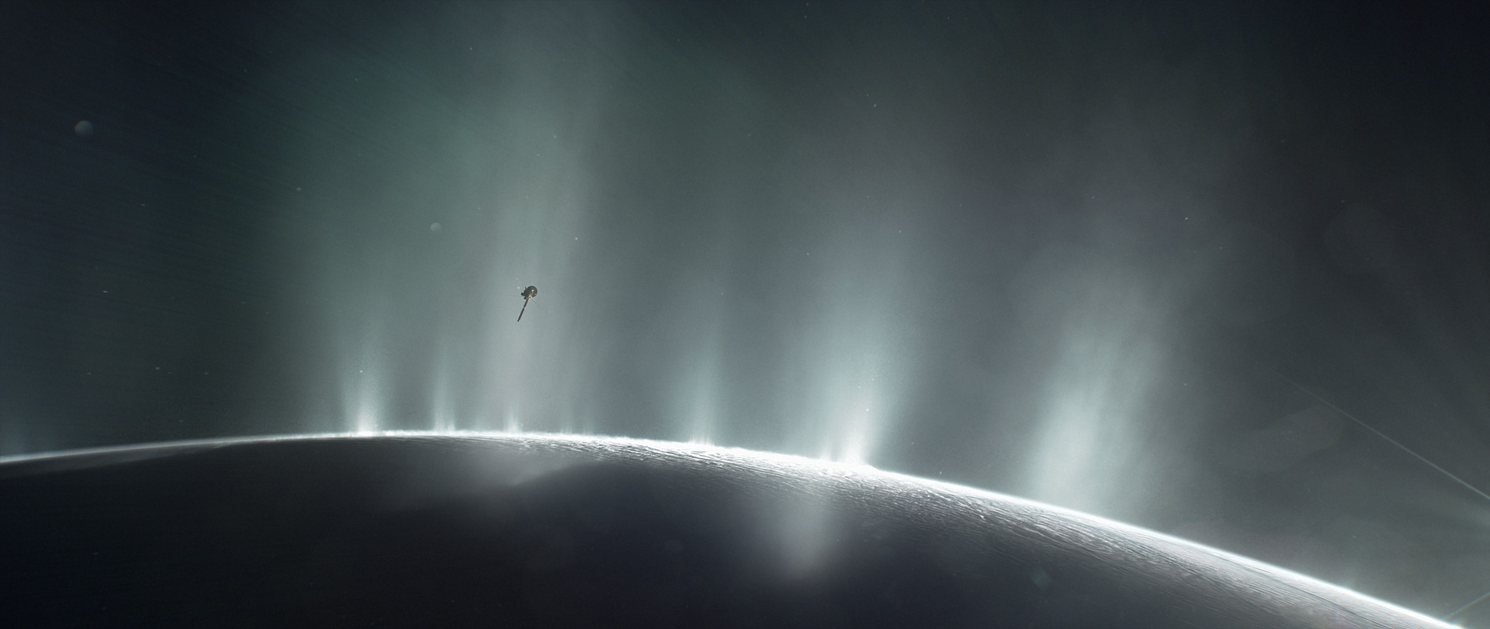 Simulação da sonda Cassini mergulhando pela pluma de água ejetada do oceano de Encélado (Foto: NASA/JPL-Caltech)