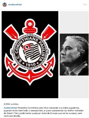 Rivaldo parabeniza Timão e enaltece Tite: 