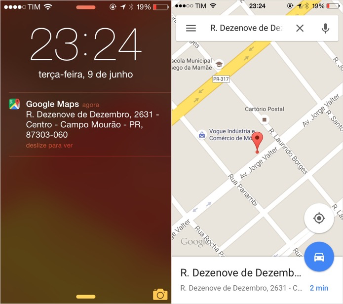 Abrindo endereço recebido no aplicativo do Google Maps para iOS (Foto: Reprodução/Helito Bijora)