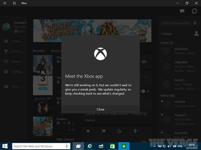 Integração com Xbox também aparece como novidade do Windows 10 (Foto: Reprodução/The Verge)