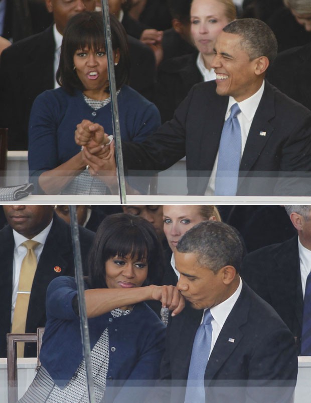 Sequência mostra o presidente americano brincando com sua mulher, Michelle, durante o desfile. (Foto: Joe Skipper/Reuters)