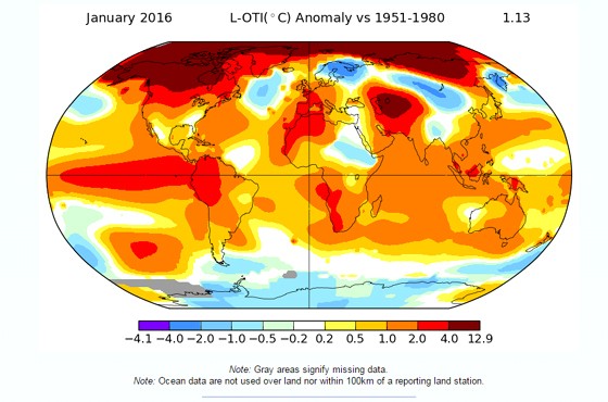 Janeiro de 2016 foi o mês mais quente já registrado. Maiores anomalias de temperatura foram registradas no Ártico (Foto: Nasa)