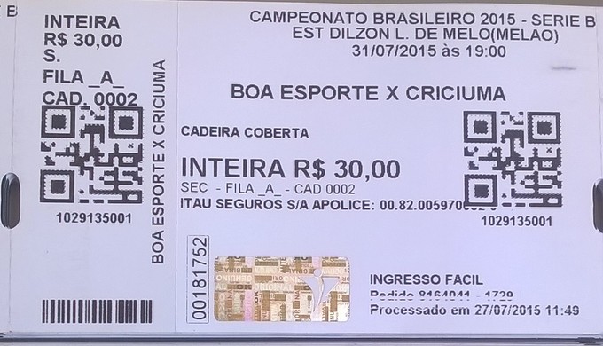 Ingressos para o jogo entre Boa Esporte e Criciúma, pela 16ª rodada da Série B 2015 (Foto: Divulgação Boa Esporte)