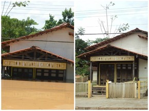 Centro de Memórias Chico mendes também foi atingido pelas águas do Rio Acre em Xapuri (Foto: Aline Nascimento/G1 e Quésia Melo/GE)