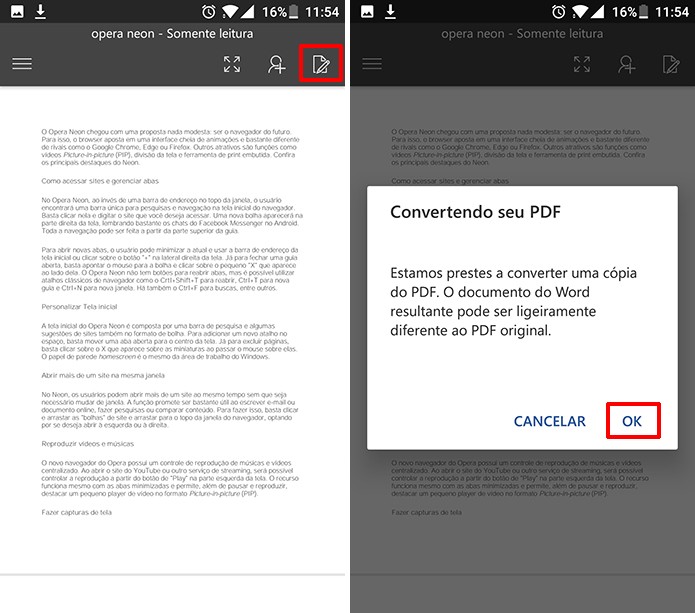 Usuário precisa tocar no botão de editar para que Word converta arquivo PDF no Android (Foto: Reprodução/Elson de Souza)