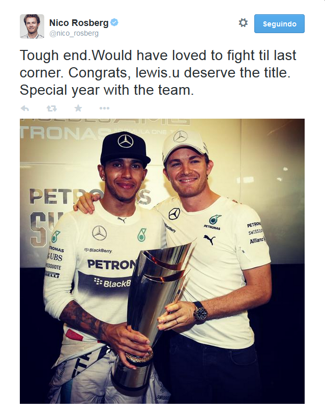 Nico Rosberg parabeniza Lewis Hamilton pelo título também pelo twitter (Foto: Reprodução/Twitter)