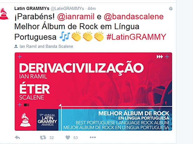 Reprodução de tweet com anúncio do prêmio de melhor álbum de rock em língua portuguesa para Scalene, por Éter, e Ian Ramil, por Derivacivilização (Foto: Twitter/Reprodução)