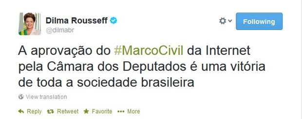 Mensagem publicada pela presidente Dilma no Twitter sobre a aprovação do Marco Civil da Internet na Câmara (Foto: Reprodução)
