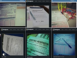 Fotos postadas no Instagram do caderno de provas do Enem, da folha de respostas e do envelope para guardar equipamentos eletrônicos (Foto: Reprodução/Instagram)