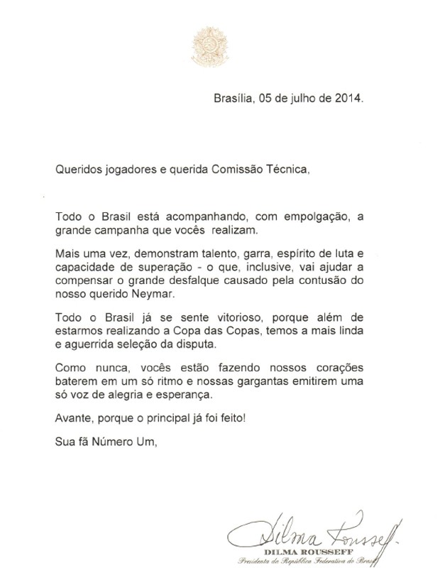 A carta enviada por Dilma aos jogadores e à comissão técnica da seleção (Foto: Reprodução)