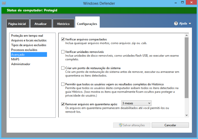 Configurações avançadas do Windows Defender (Foto: Reprodução/Helito Bijora)