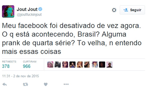 Jout Jout reclama pelo Twitter que sua página no Facebook foi desativada (Foto: Reprodução/Twitter/joutfuckinjout)