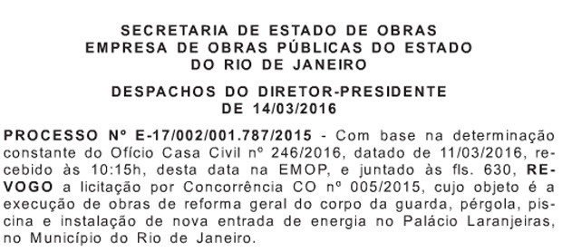 Decisão de revogar a licitação foi publicada no Diário Oficial desta terça-feira (15) (Foto: Reprodução/Diário Oficial)