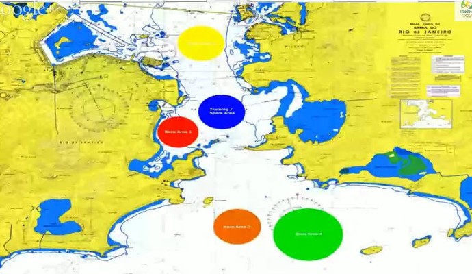 Baía de Guanabara: círculos coloridos no mapa mostram os locais onde podem acontecer competições em 2016 (Foto: Reprodução/Rio 2016)