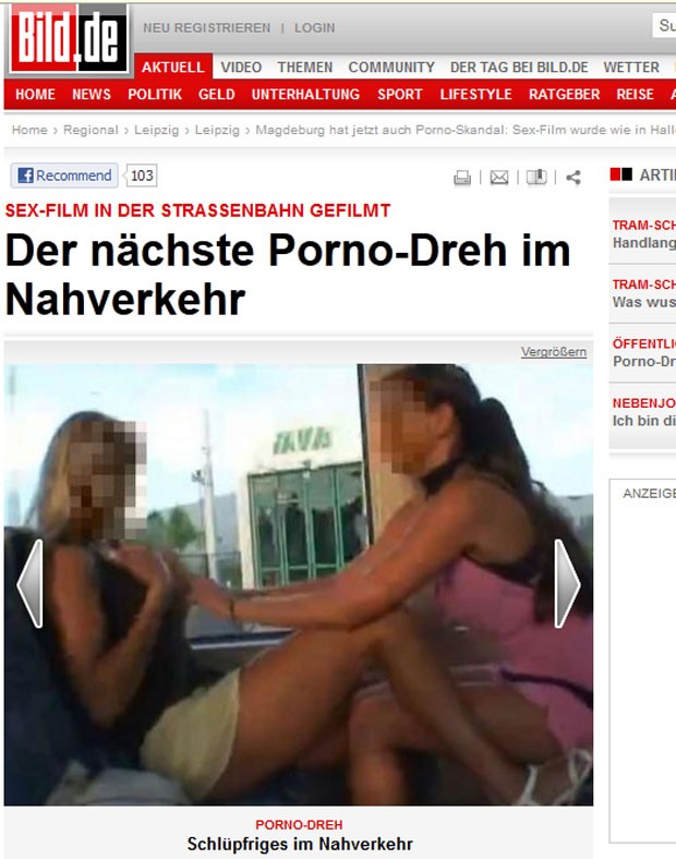 Imagens mostram duas garotas trocando carícias sexuais em bonde. (Foto: Reprodução/Bild)