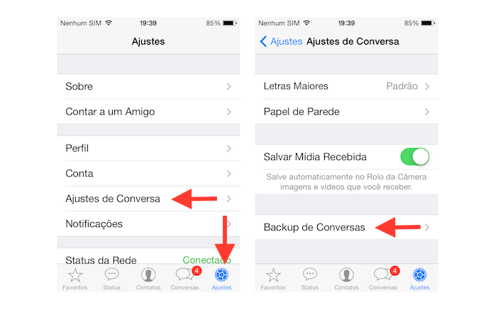 Acessando as opções de backup de conversas do WhatsApp no iOS (Foto: Reprodução/Marvin Costa)